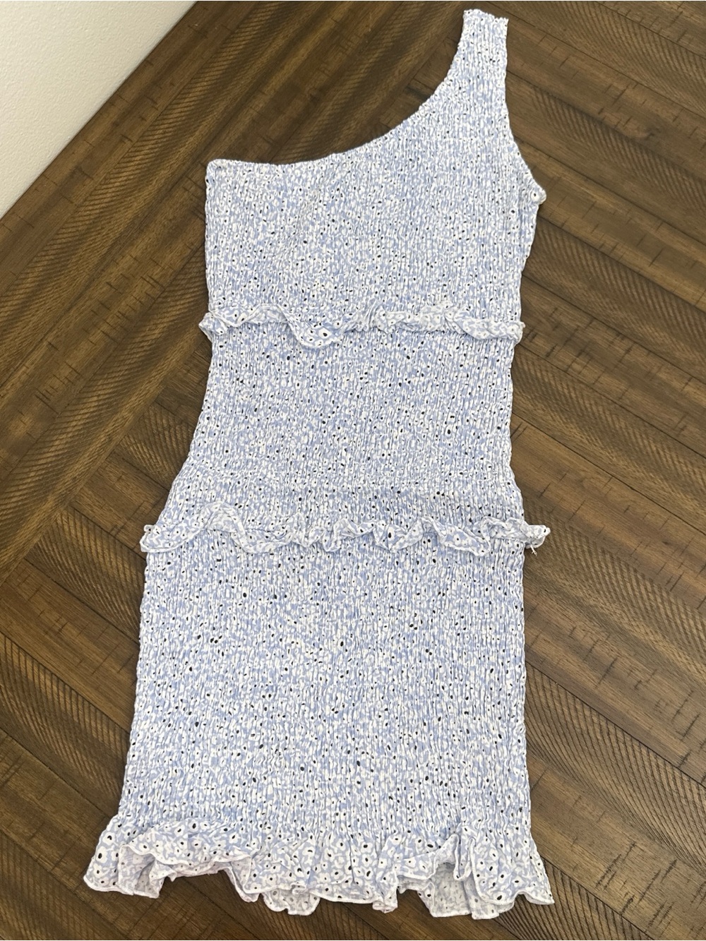 Princess Polly Blue and White Smocked Top with Black Speckle